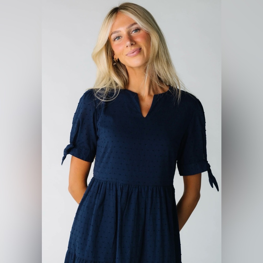 Navy Tiered Midi Dress - Classic Women's Midi Dress - Picture 2 of 3